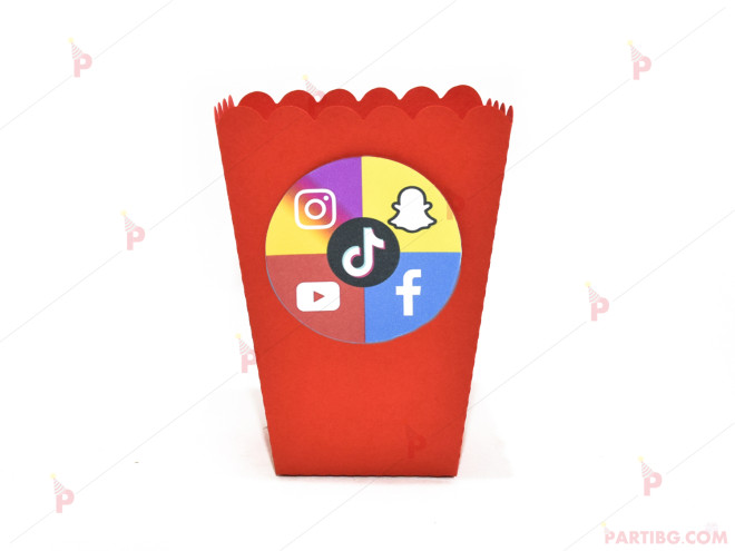 Кофичка за пуканки/чипс с декор социални мрежи в червено | PARTIBG.COM