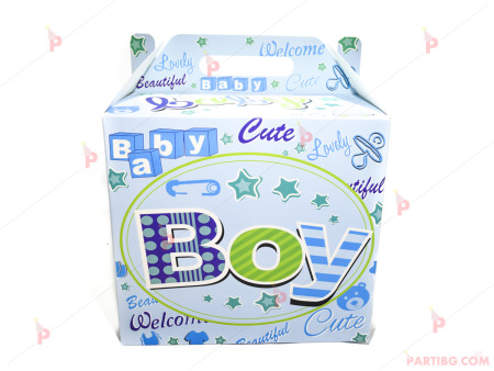 Подаръчна кутия със син бебешки декор  и надпис Baby Boy