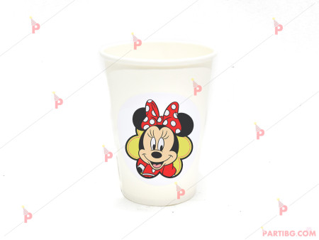 Чашки едноцветни в бяло с декор Мини маус червено
