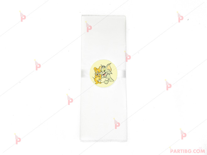 Салфетка едноцветна в бяло и тематичен декор Том и Джери / Tom and Jerry | PARTIBG.COM