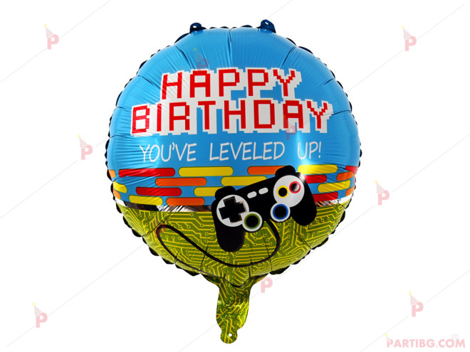 Фолиев балон кръгъл с джойстик "Happy Birthday" | PARTIBG.COM