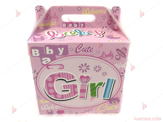 Подаръчна кутия в бяло с розов декор Baby Girl - 26см | PARTIBG.COM