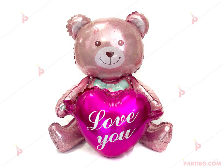 Фолиев балон мече със сърце и надпис "I LOVE YOU" 
