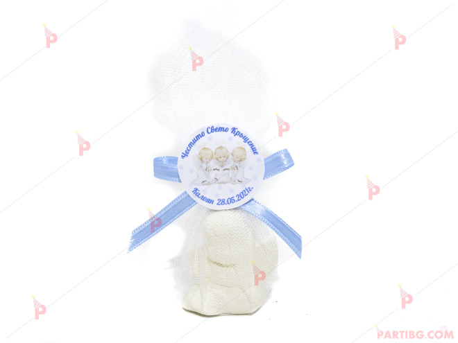 Подарък за гост - бяло керамично ангелче в синьо с надпис | PARTIBG.COM