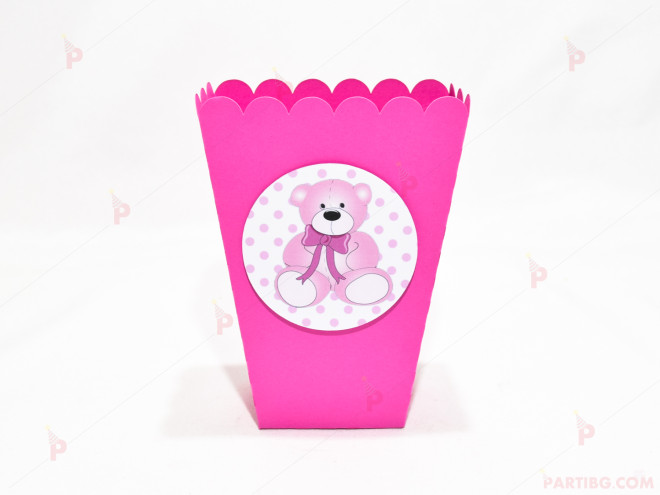 Кофичка за пуканки/чипс с декор розово мече в циклама | PARTIBG.COM