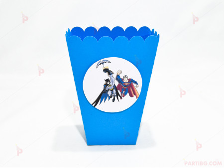 Кофичка за пуканки/чипс с декор Батман и Супермен в синьо / 1бр.