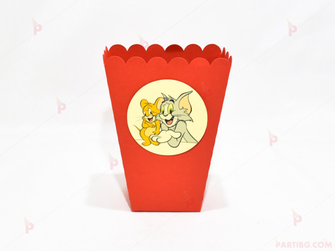 Кофичка за пуканки/чипс с декор Том и Джери в червено / 1бр. | PARTIBG.COM