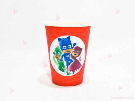 Чашки едноцветни в червено с декор Пи джей маск/ PJ MASKS