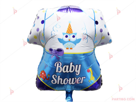 Фолиев балон бебешко боди с надпис "Baby shower" в синьо