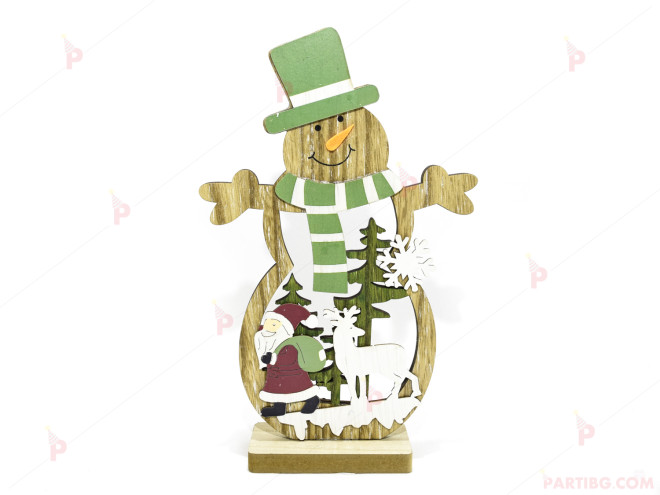 Коледна декорация - дървена фигурка Снежко