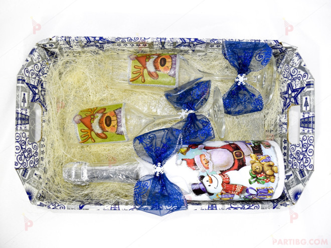 Коледен подарък - бутилка шампанско с чаши със синя панделка | PARTIBG.COM