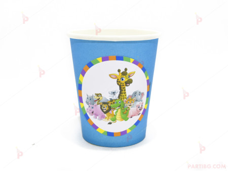 Чашки едноцветни в синьо с декор Диви животни/Джунгла