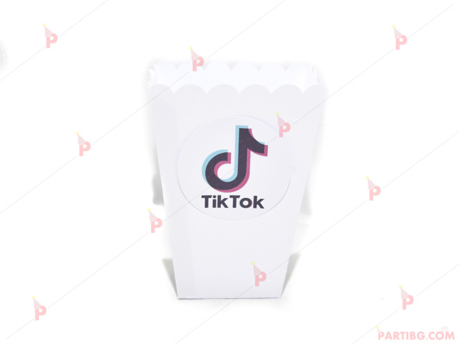 Кофичка за пуканки/чипс с декор ТикТок / TikTok в бяло | PARTIBG.COM