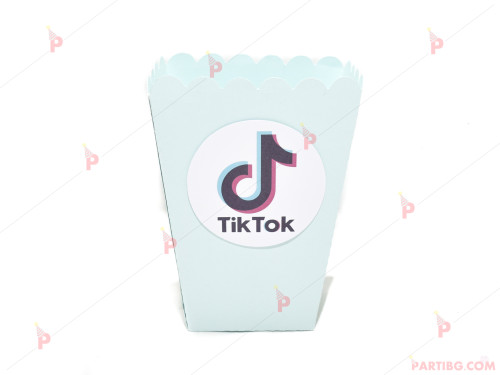 Кофичка за пуканки/чипс с декор ТикТок / TikTok в светло синьо | PARTIBG.COM