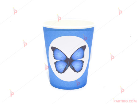 Чашки едноцветни в синьо с декор Синя пеперуда
