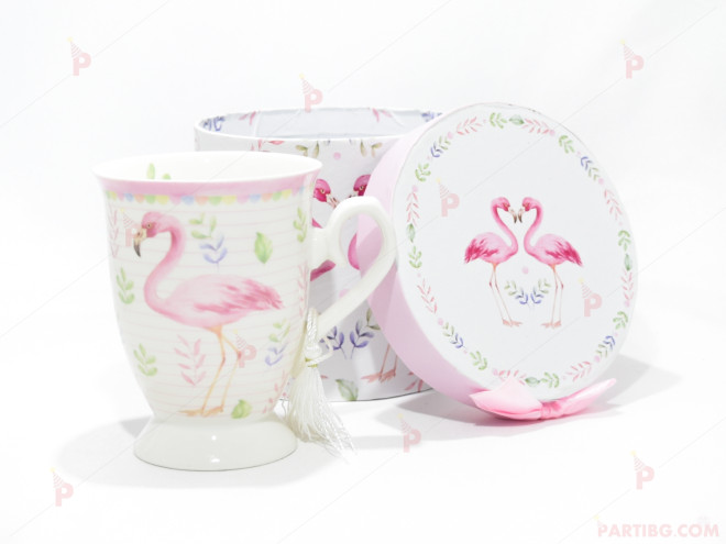 Чаша за чай в подаръчна кутия - бяла с фламинго | PARTIBG.COM